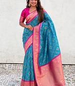 Sky blue woven self design silk blend patola saree with blouse
