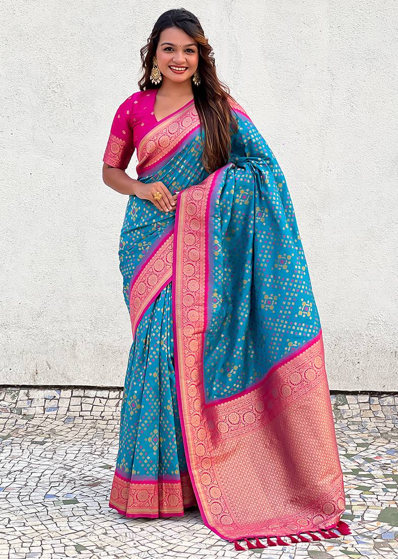 Sky blue woven self design silk blend patola saree with blouse