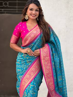 Sky blue woven self design silk blend patola saree with blouse 2