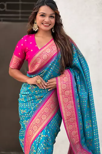 Sky blue woven self design silk blend patola saree with blouse