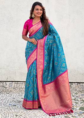 Sky blue woven self design silk blend patola saree with blouse 3