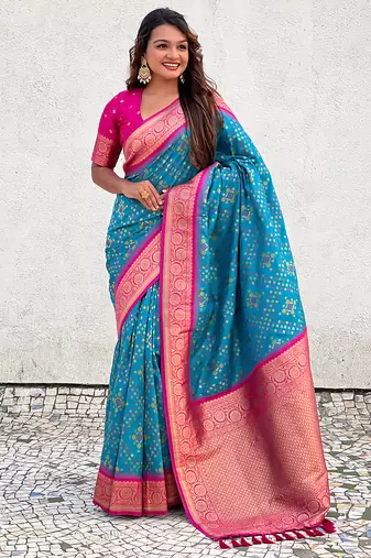 Sky blue woven self design silk blend patola saree with blouse