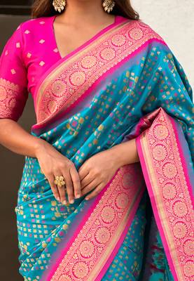 Sky blue woven self design silk blend patola saree with blouse 4