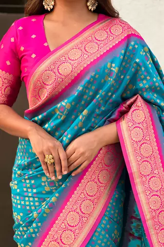 Sky blue woven self design silk blend patola saree with blouse