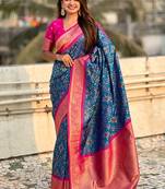 Teal blue woven self design silk blend patola saree with blouse