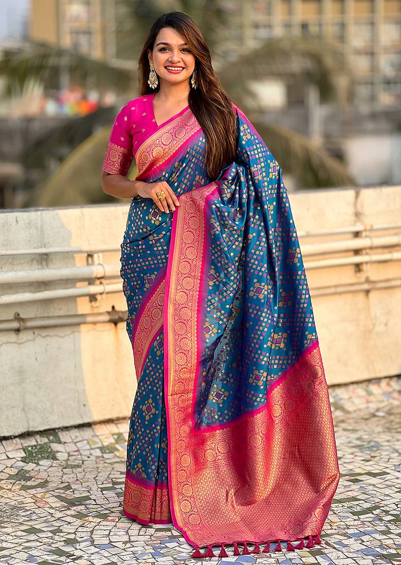 Teal blue woven self design silk blend patola saree with blouse