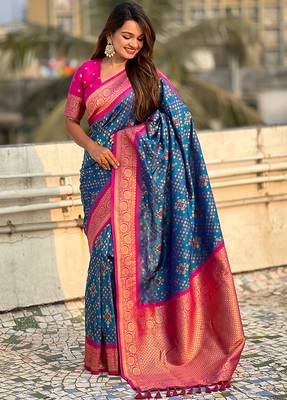 Teal blue woven self design silk blend patola saree with blouse 3