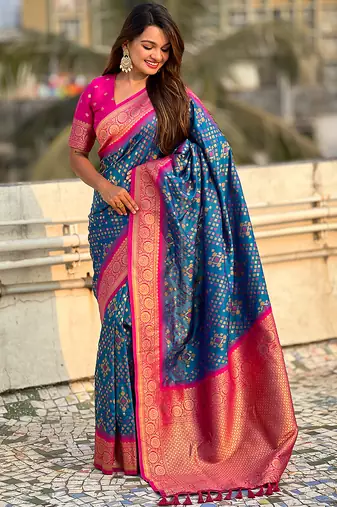 Teal blue woven self design silk blend patola saree with blouse
