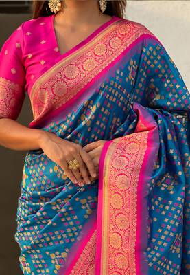 Teal blue woven self design silk blend patola saree with blouse 4