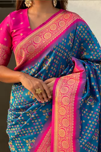 Teal blue woven self design silk blend patola saree with blouse