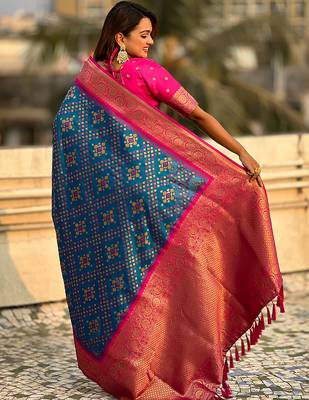 Teal blue woven self design silk blend patola saree with blouse 5