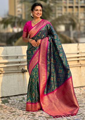 Teal green woven self design silk blend patola saree with blouse 3