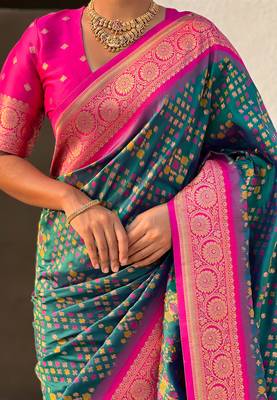 Teal green woven self design silk blend patola saree with blouse 4