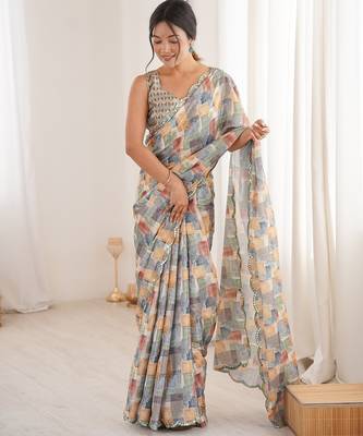 Women party wear digital print heavy chinnon saree with un sttiched blouse 1