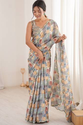 Women party wear digital print heavy chinnon saree with un sttiched blouse