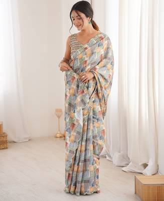 Women party wear digital print heavy chinnon saree with un sttiched blouse 2
