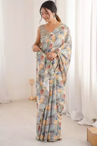 Women party wear digital print heavy chinnon saree with un sttiched blouse