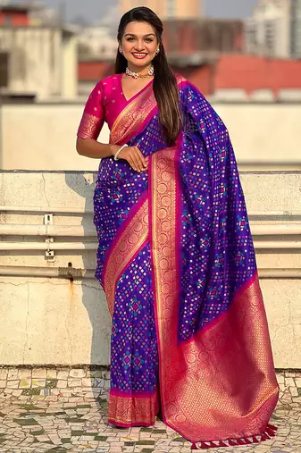 Violet woven self design silk blend patola saree with blouse