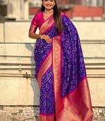 Violet woven self design silk blend patola saree with blouse