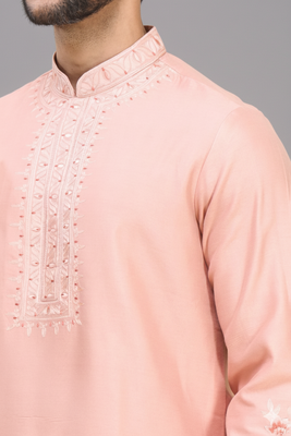 men’s peach silk kurta pant set with elegant embroidery 2