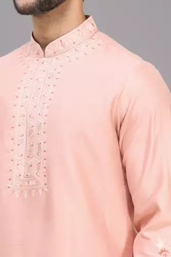 men’s peach silk kurta pant set with elegant embroidery