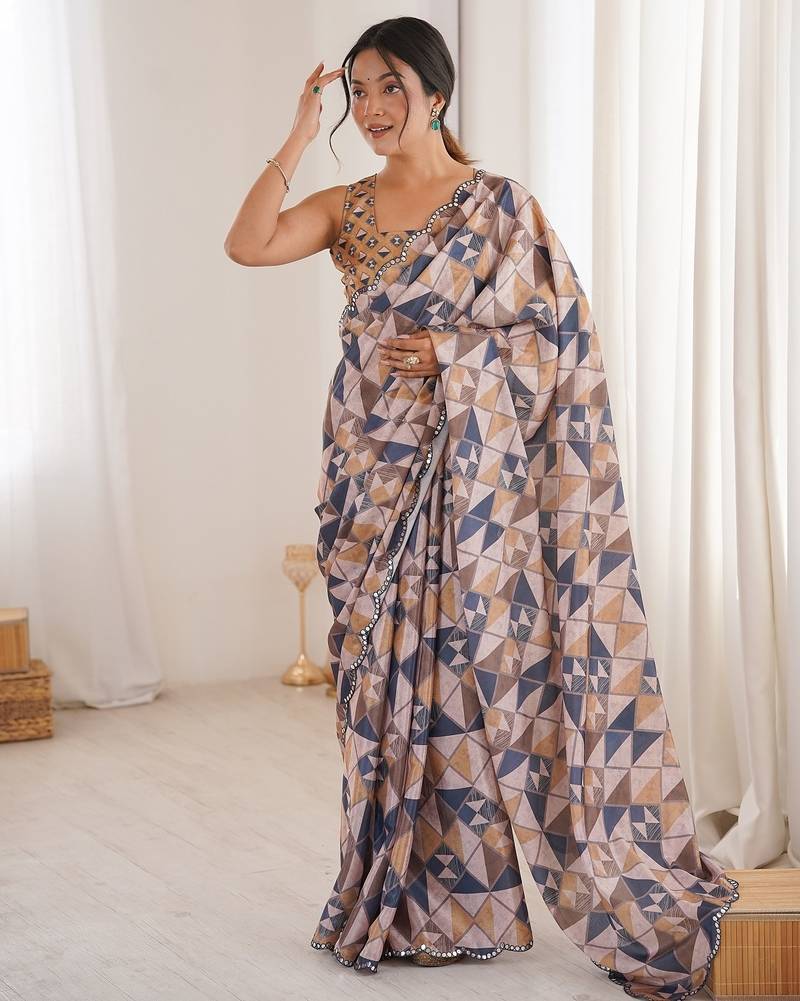 Women party wear digital print heavy chinnon saree with un sttiched blouse