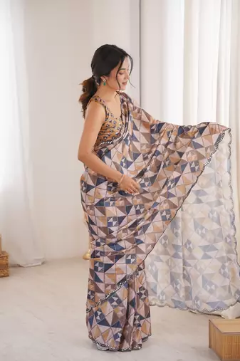 Women party wear digital print heavy chinnon saree with un sttiched blouse