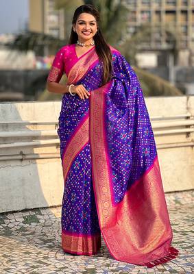 Violet woven self design silk blend patola saree with blouse 3