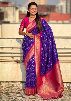 Violet woven self design silk blend patola saree with blouse 4