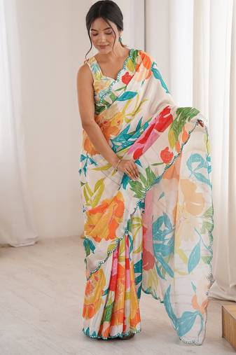 Women party wear digital print heavy chinnon saree with un sttiched blouse