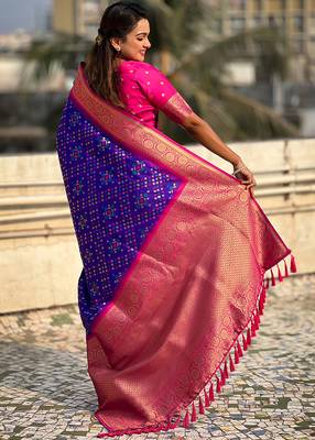 Violet woven self design silk blend patola saree with blouse 5
