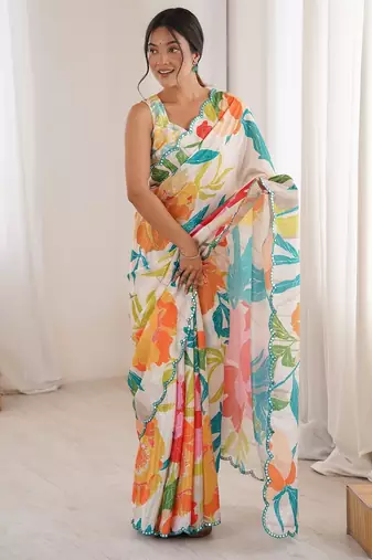 Women party wear digital print heavy chinnon saree with un sttiched blouse