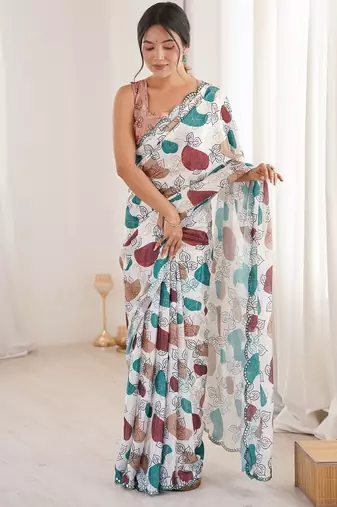 Women party wear digital print heavy chinnon saree with un sttiched blouse