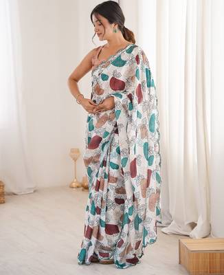 Women party wear digital print heavy chinnon saree with un sttiched blouse 2