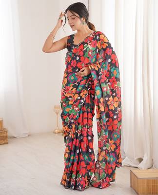 Women party wear digital print heavy chinnon saree with un sttiched blouse 2