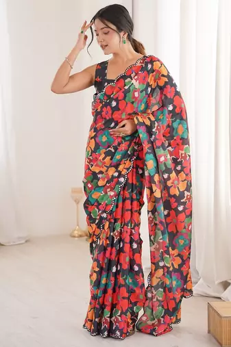 Women party wear digital print heavy chinnon saree with un sttiched blouse