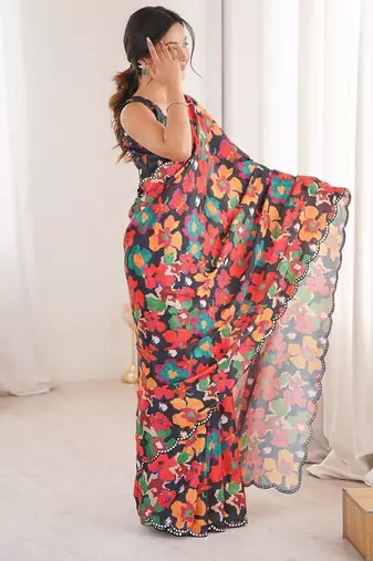 Women party wear digital print heavy chinnon saree with un sttiched blouse