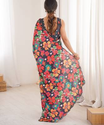 Women party wear digital print heavy chinnon saree with un sttiched blouse 4