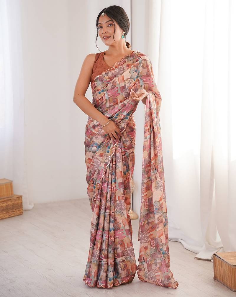 Women party wear digital print heavy chinnon saree with un sttiched blouse