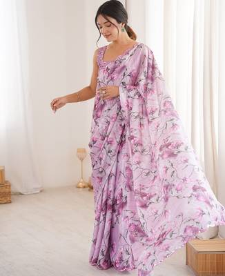 Women party wear digital print heavy chinnon saree with un sttiched blouse 1