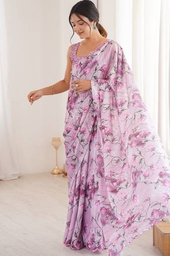 Women party wear digital print heavy chinnon saree with un sttiched blouse