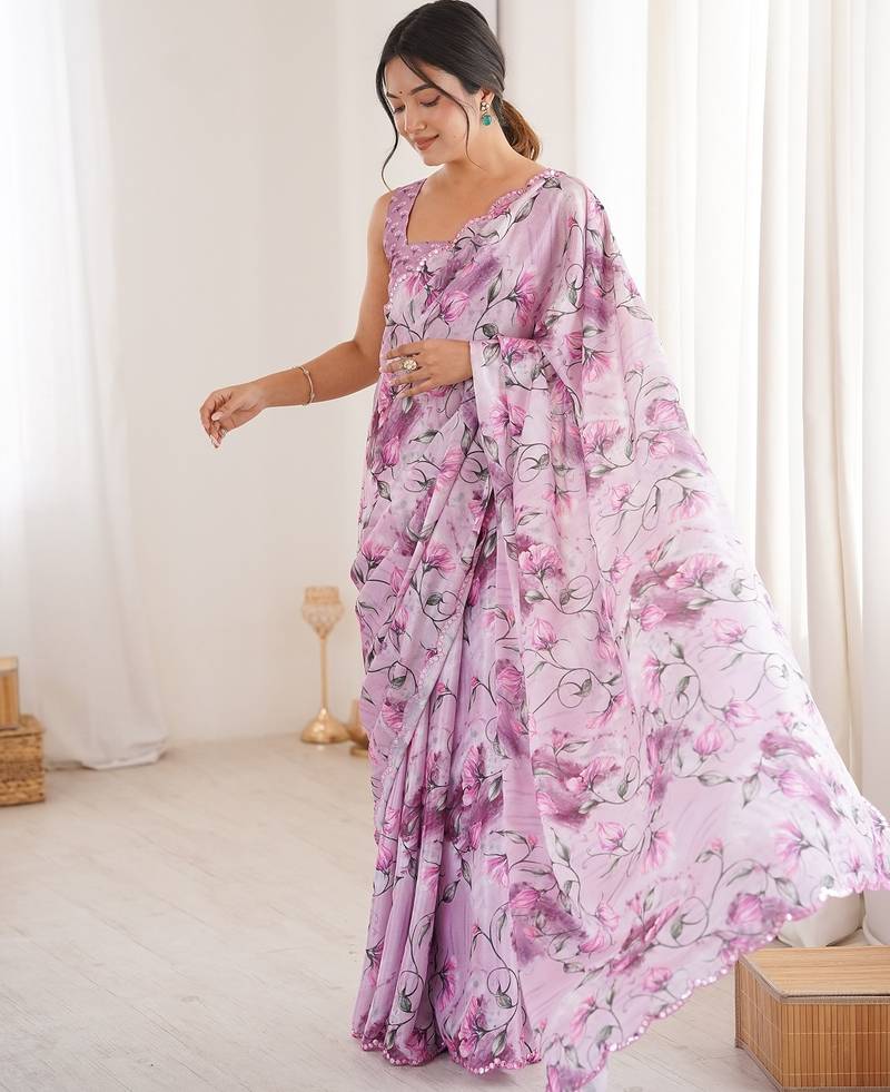 Women party wear digital print heavy chinnon saree with un sttiched blouse