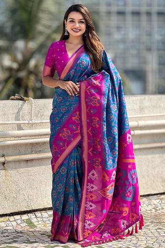 Blue woven self design silk blend patola saree with blouse