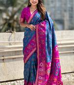 Blue woven self design silk blend patola saree with blouse
