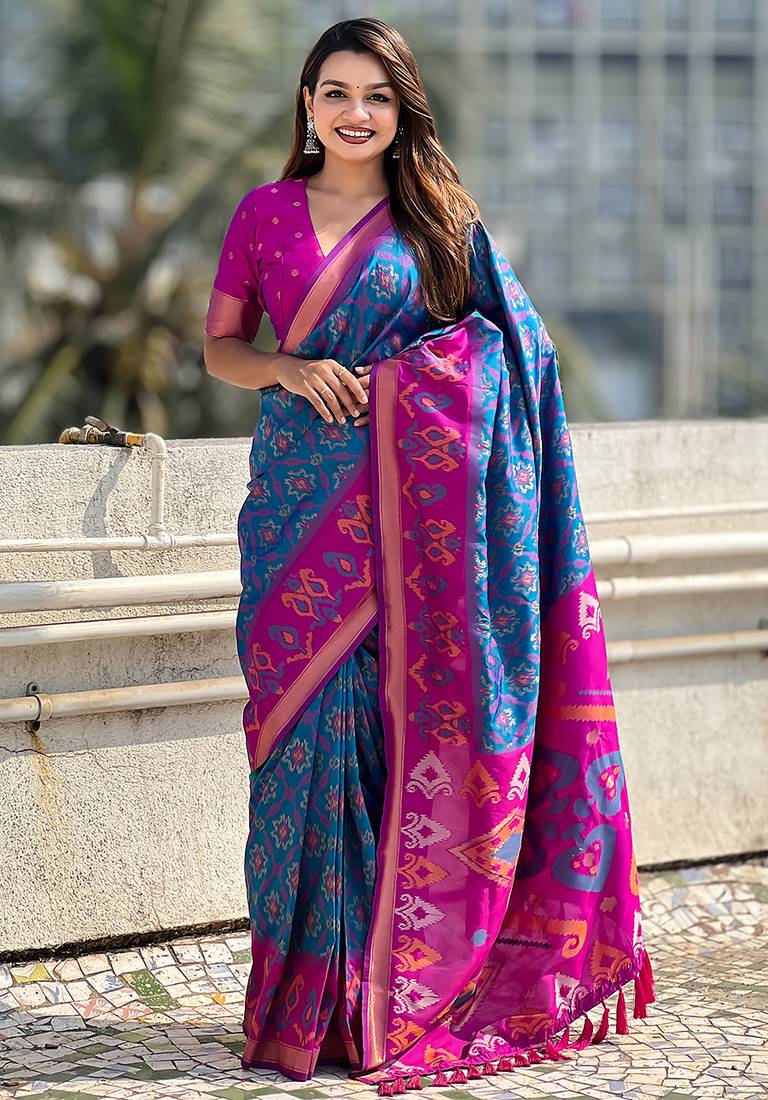 Blue woven self design silk blend patola saree with blouse