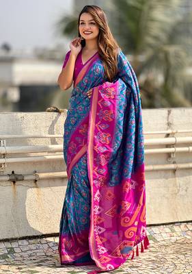 Blue woven self design silk blend patola saree with blouse 2