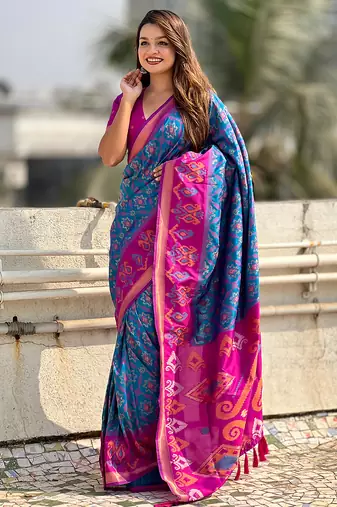 Blue woven self design silk blend patola saree with blouse