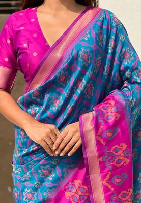 Blue woven self design silk blend patola saree with blouse 3