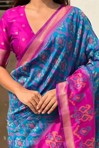 Blue woven self design silk blend patola saree with blouse