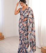 Women party wear digital print heavy chinnon saree with un sttiched blouse